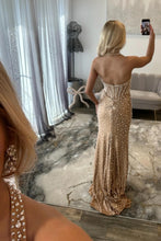 Load image into Gallery viewer, Luxury Mermaid Halter Neck Aqua Corset Prom Dress with Pearls and Slit