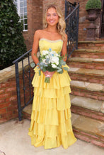 Load image into Gallery viewer, Sweety A Line Strapless Yellow Satin Prom Ball Gown with Tiered Ruffle