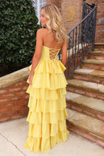 Load image into Gallery viewer, Sweety A Line Strapless Yellow Satin Prom Ball Gown with Tiered Ruffle