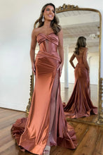 Load image into Gallery viewer, Satin Mermaid Strapless Long Prom Dress With Split