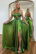 Load image into Gallery viewer, Sparkly Gold A-Line Halter Neck Long Prom Party Dress With Split