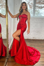 Load image into Gallery viewer, Satin Mermaid Strapless Long Prom Dress With Split