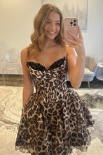 Load image into Gallery viewer, Trendy A Line Sweetheart Brown Leopard Printed Short Homecoming Dress with Appliques