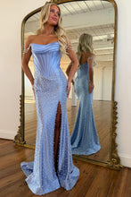 Load image into Gallery viewer, Off-Shoulder Corset Mermaid Prom Dress with Pearl Detailing and High Slit