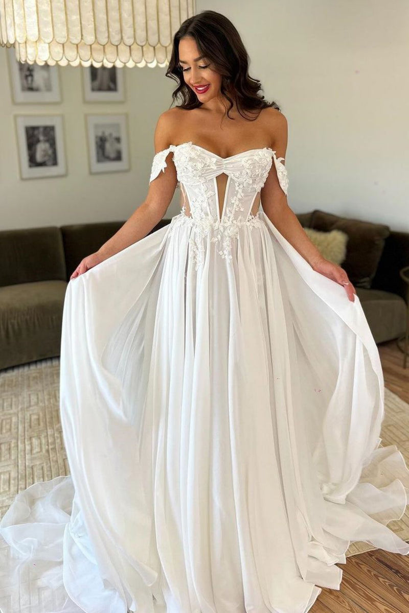 White Off The Shoulder Wedding Dresses A Line Long Bridal Gown main image 1
