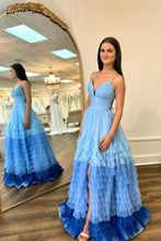 Load image into Gallery viewer, Ombre Blue A-Line Spaghetti Straps Lace Up Long Tulle Prom Dress