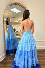 Load image into Gallery viewer, Ombre Blue A-Line Spaghetti Straps Lace Up Long Tulle Prom Dress