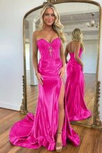 Load image into Gallery viewer, Navy Blue Sweetheart Mermaid Long Satin Prom Dress With Split