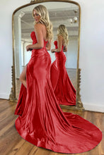 Load image into Gallery viewer, Navy Blue Sweetheart Mermaid Long Satin Prom Dress With Split