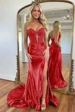 Load image into Gallery viewer, Navy Blue Sweetheart Mermaid Long Satin Prom Dress With Split