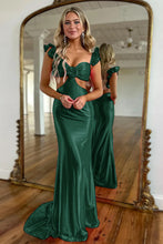 Load image into Gallery viewer, Hot Pink Satin Cutout Waist Mermaid Long Prom Dress With Flower