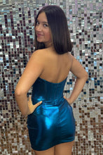 Load image into Gallery viewer, Peacock Blue Bodycon Sweetheart Short Metallic Homecoming Dress