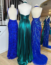 Load image into Gallery viewer, Peacock Blue Halter Neck A-Line Long Metallic Prom Dress With Slit