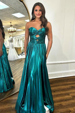 Load image into Gallery viewer, Peacock Green Sweetheart A-Line Long Pleated Metallic Prom Dress With Slit