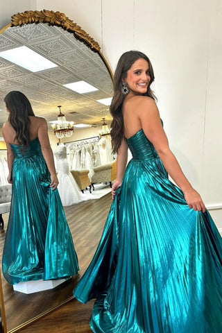 Peacock Green Sweetheart A-Line Long Pleated Metallic Prom Dress With Slit