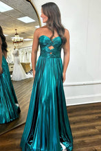 Load image into Gallery viewer, Peacock Green Sweetheart A-Line Long Pleated Metallic Prom Dress With Slit