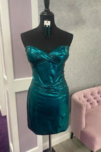 Load image into Gallery viewer, Peacock Blue Bodycon Sweetheart Short Metallic Homecoming Dress