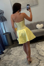 Load image into Gallery viewer, Pretty A Line Strapless Champagne Corset Homecoming Dress with Pearls Bowknot