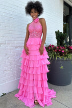 Load image into Gallery viewer, Pink A-Line Halter Neck Lace Top Long Tiered Chiffon Prom Dress