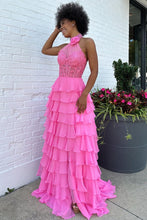 Load image into Gallery viewer, Pink A-Line Halter Neck Lace Top Long Tiered Chiffon Prom Dress