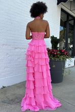 Load image into Gallery viewer, Pink A-Line Halter Neck Lace Top Long Tiered Chiffon Prom Dress
