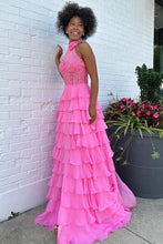 Load image into Gallery viewer, Pink A-Line Halter Neck Lace Top Long Tiered Chiffon Prom Dress