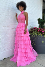 Load image into Gallery viewer, Pink A-Line Halter Neck Lace Top Long Tiered Chiffon Prom Dress