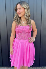 Load image into Gallery viewer, Pink A-Line Strapless Lace Top Short Tulle Homecoming Dress