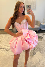 Load image into Gallery viewer, Pink Bubble Hem Homecoming Dress with Rhinestone Corset Bodice and Bow