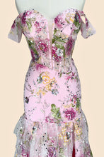 Load image into Gallery viewer, Gorgeous Mermaid Off Shoulder Pink Floral Corset Mermaid Prom Dress with Slit