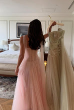 Load image into Gallery viewer, Princess A Line Pink Floral Spaghetti Straps Tulle Ball Gown Prom Dress with Corset Bodice