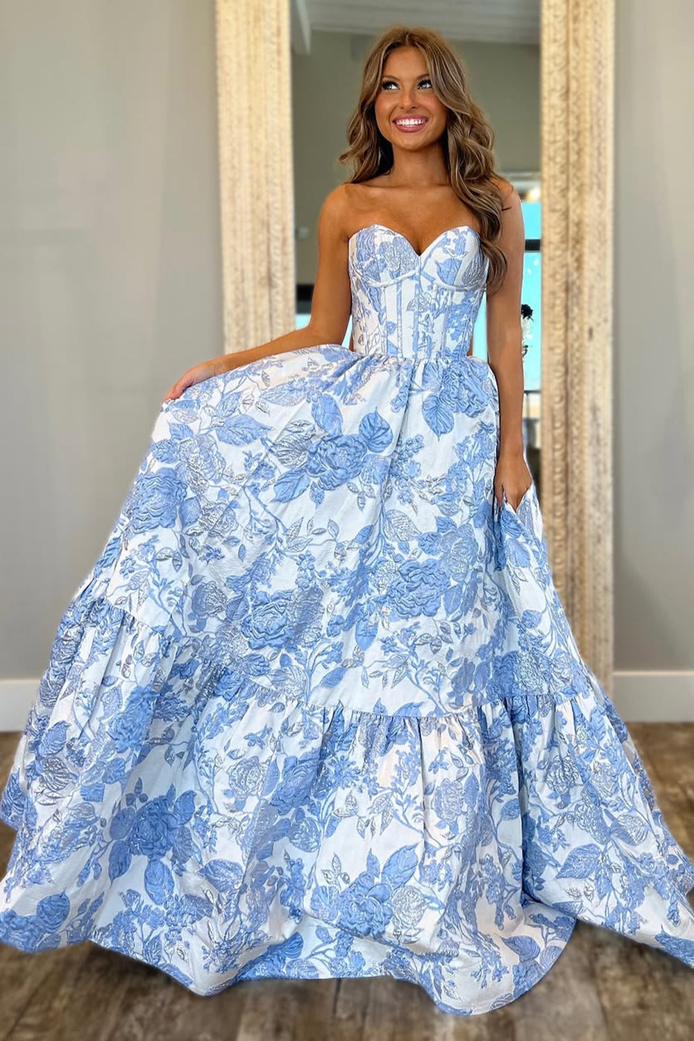 Lovely Light Blue Sweetheart A-Line Zipper Back Long Print Prom Dress
