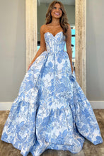 Load image into Gallery viewer, Lovely Light Blue Sweetheart A-Line Zipper Back Long Print Prom Dress