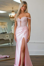 Load image into Gallery viewer, Pink Mermaid Off The Shoulder Lace Top Long Sequin Prom Dress With High Slit