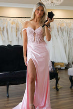 Load image into Gallery viewer, Pink Mermaid Off The Shoulder Lace Top Long Sequin Prom Dress With High Slit