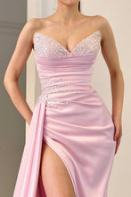 Load image into Gallery viewer, Pink Mermaid Strapless Long Satin Formal Dress with Sequin and Slit