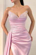 Load image into Gallery viewer, Pink Mermaid Strapless Long Satin Formal Dress with Sequin and Slit