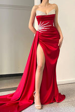 Load image into Gallery viewer, Pink Mermaid Strapless Long Satin Formal Dress with Sequin and Slit