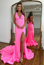 Load image into Gallery viewer, Sparkly Pink Mermaid V-Neck Sweep Train Beaded Prom Dress With Split