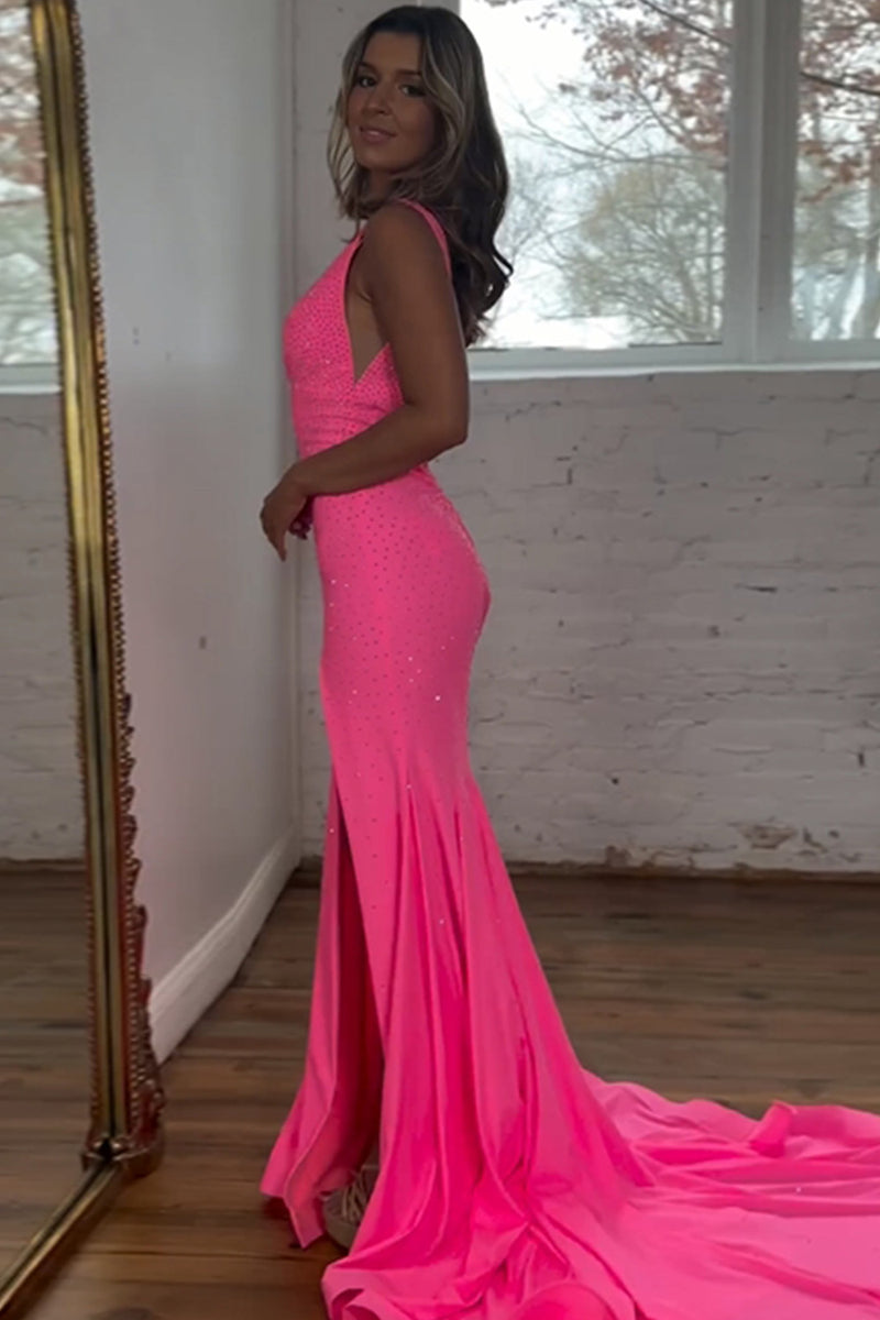 Sleeveless Beads V-Neck Pink Mermaid Prom Dress main image 1