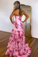 Load image into Gallery viewer, Pretty Pink Strapless Long Mermaid Prom Dress with Ruffle Print Chiffon Skirt