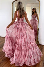 Load image into Gallery viewer, Pink Romantic A-Line Spaghetti Straps Long Print Tulle Prom Dress