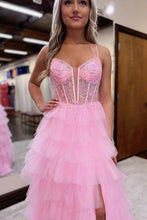 Load image into Gallery viewer, Pink A-Line Spaghetti Straps Lace Up Long Tiered Tulle Prom Dress