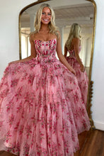 Load image into Gallery viewer, Charming Pink A-Line Strapless Long Print Tulle Prom Party Dress