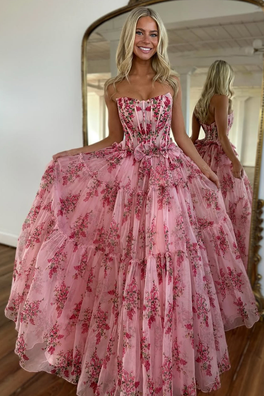 Charming Pink A-Line Strapless Long Print Tulle Prom Party Dress