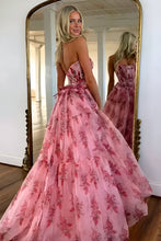 Load image into Gallery viewer, Charming Pink A-Line Strapless Long Print Tulle Prom Party Dress