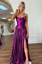 Load image into Gallery viewer, Plum A-Line Strapless Long Pleated Metallic Prom Dress with Slit