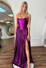 Load image into Gallery viewer, Plum A-Line Strapless Long Pleated Metallic Prom Dress with Slit