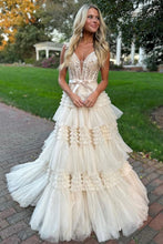 Load image into Gallery viewer, Champagne A-Line Off The Shoulder Long Tulle Prom Dress With Split And Sash