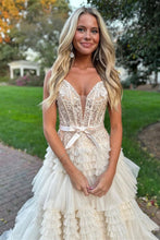Load image into Gallery viewer, Champagne A-Line Off The Shoulder Long Tulle Prom Dress With Split And Sash